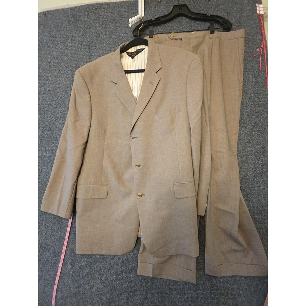 Tommy Hilfiger Suit Mens 48 40 Waist Beige 2 Piece Jacket Pants USA Vtg Flaw